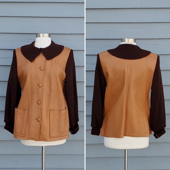 Vintage 70s Tan Deerskin Buckskin Leather Brown Knit Boho Western Jacket Md - Picture 1 of 7